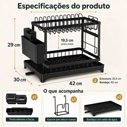 Escorredor de Louça 2 Andares Inox Preto com Porta Talheres Organizador - Imagem 9