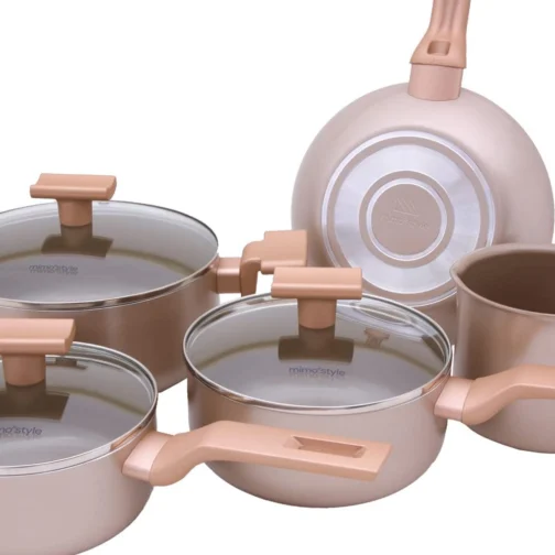 Mimo Style Conjunto 5 Panelas Sartin Cook Estrutura em Alumínio Revestida em Cerâmica, Base Alto Relevo. Tampa Vidro Temperado Alças e Cabos Soft-Touch. Fogão a Gás, Elétrico e Vitrocerâmico - Imagem 5