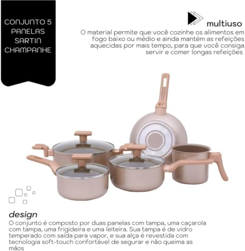 Mimo Style Conjunto 5 Panelas Sartin Cook Estrutura em Alumínio Revestida em Cerâmica, Base Alto Relevo. Tampa Vidro Temperado Alças e Cabos Soft-Touch. Fogão a Gás, Elétrico e Vitrocerâmico - Imagem 8