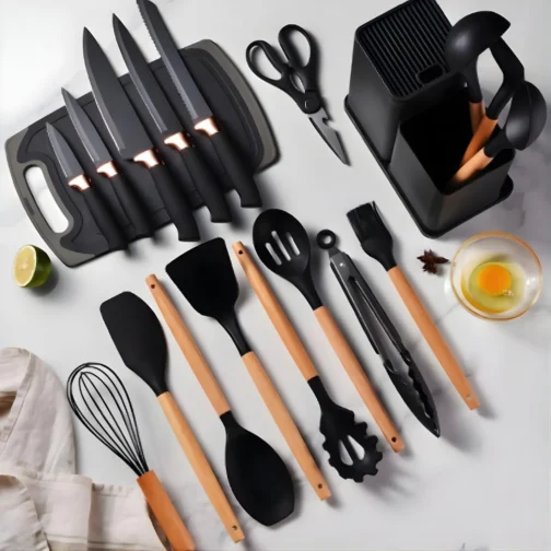 Kit 19 Peças Utensilios Cozinha Silicone Com Facas Antiaderente Cabo De Madeira Tratada Kit Com Colher Concha Espatula Pegador Tesoura Tabua - Jogo Completo Premium. - Imagem 2