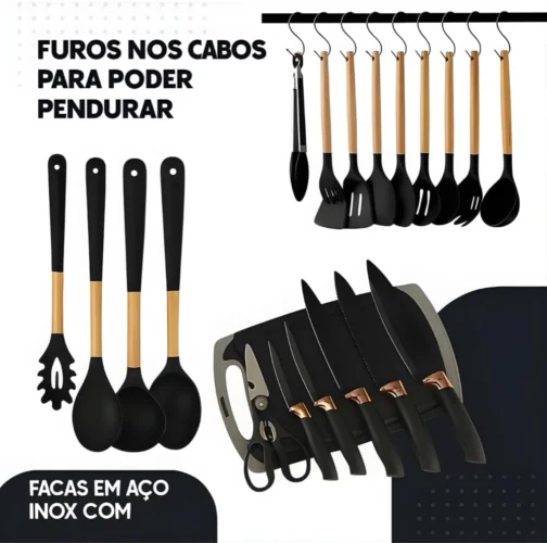 Kit 19 Peças Utensilios Cozinha Silicone Com Facas Antiaderente Cabo De Madeira Tratada Kit Com Colher Concha Espatula Pegador Tesoura Tabua - Jogo Completo Premium. - Imagem 4
