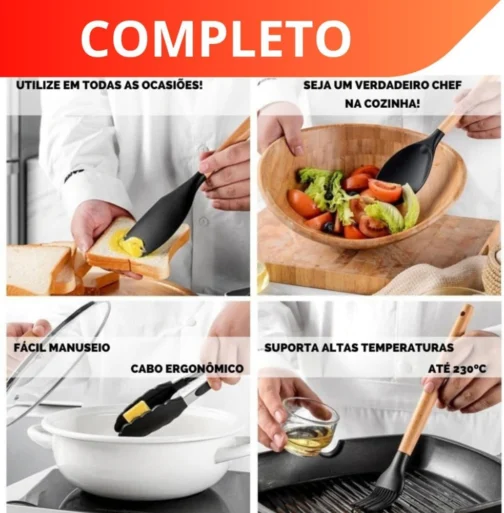 Kit 19 Peças Utensilios Cozinha Silicone Com Facas Antiaderente Cabo De Madeira Tratada Kit Com Colher Concha Espatula Pegador Tesoura Tabua - Jogo Completo Premium. - Imagem 5