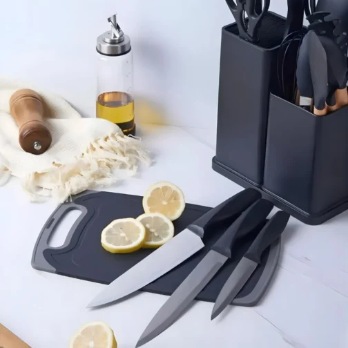 Kit 19 Peças Utensilios Cozinha Silicone Com Facas Antiaderente Cabo De Madeira Tratada Kit Com Colher Concha Espatula Pegador Tesoura Tabua - Jogo Completo Premium. - Imagem 6