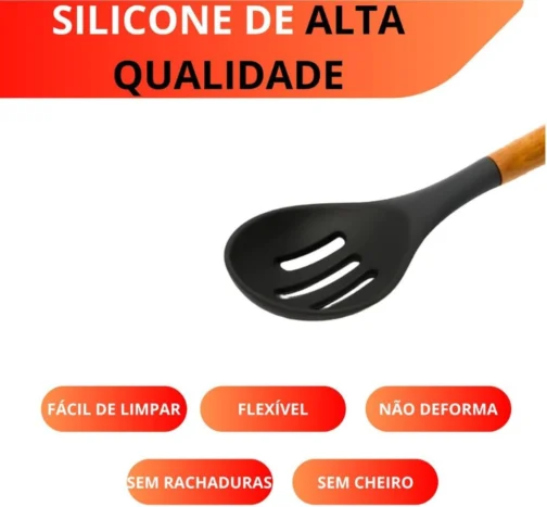 Kit 19 Peças Utensilios Cozinha Silicone Com Facas Antiaderente Cabo De Madeira Tratada Kit Com Colher Concha Espatula Pegador Tesoura Tabua - Jogo Completo Premium. - Imagem 7