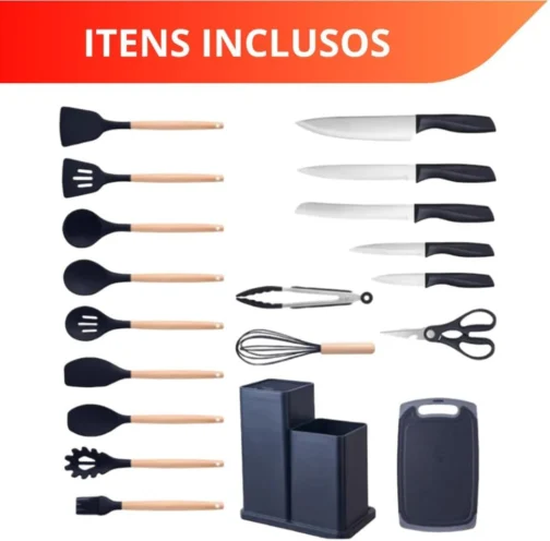 Kit 19 Peças Utensilios Cozinha Silicone Com Facas Antiaderente Cabo De Madeira Tratada Kit Com Colher Concha Espatula Pegador Tesoura Tabua - Jogo Completo Premium. - Imagem 8