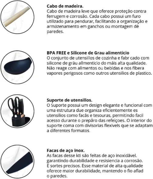 Kit 19 Peças Utensilios Cozinha Silicone Com Facas Antiaderente Cabo De Madeira Tratada Kit Com Colher Concha Espatula Pegador Tesoura Tabua - Jogo Completo Premium. - Imagem 9